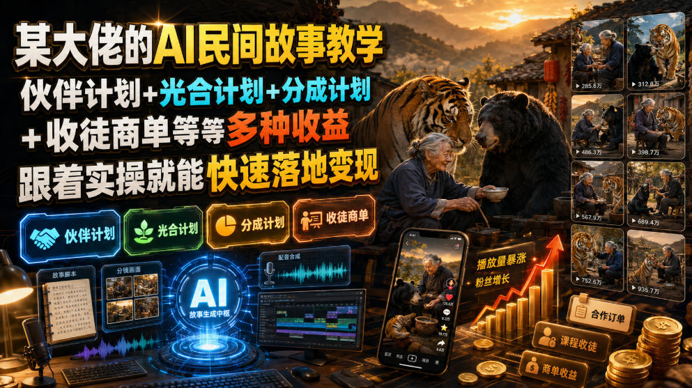 某大佬的AI民间故事教学,伙伴计划+光合计划+分成计划+收徒商单等多种收益,跟着实操就能快速落地变现-摇钱树