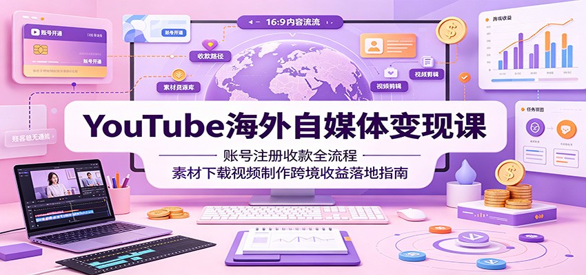 YouTube海外自媒体变现课:账号注册收款全流程,素材下载视频制作跨境收益落地指南-摇钱树