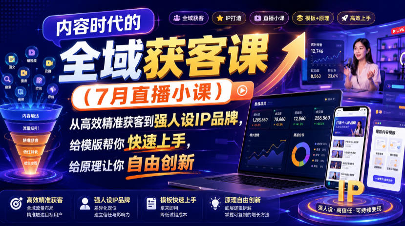内容时代的全域获客课(7月直播小课),从高效精准获客到强人设IP品牌,给模版帮你快速上手,给原理让你自由创新-摇钱树