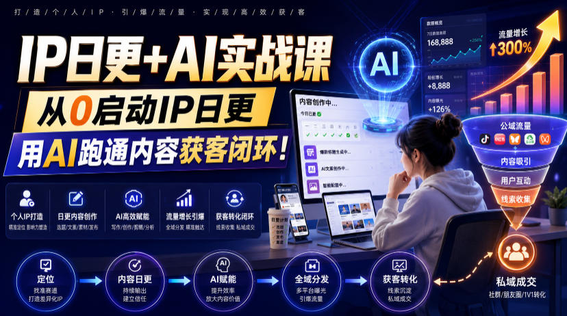 IP日更+AI实战课,从0启动IP日更,IP置顶视频制作+100条选题库搭建+10条日更规划,用AI跑通内容获客闭环!-摇钱树