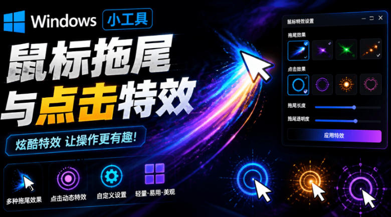 Windows特效小工具！一键给你的鼠标添加拖尾与点击动态特效，吾爱出品，免费使用Mouse Trail-摇钱树