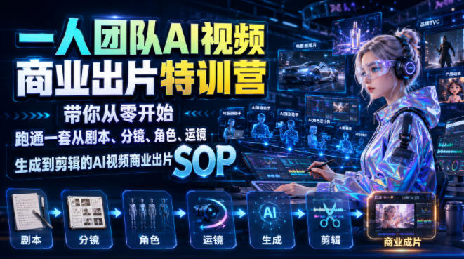 一人团队AI视频商业出片实战课:带你从零开始跑通一套从剧本、分镜、角色、运镜、生成到剪辑的AI视频商业出片SOP-摇钱树