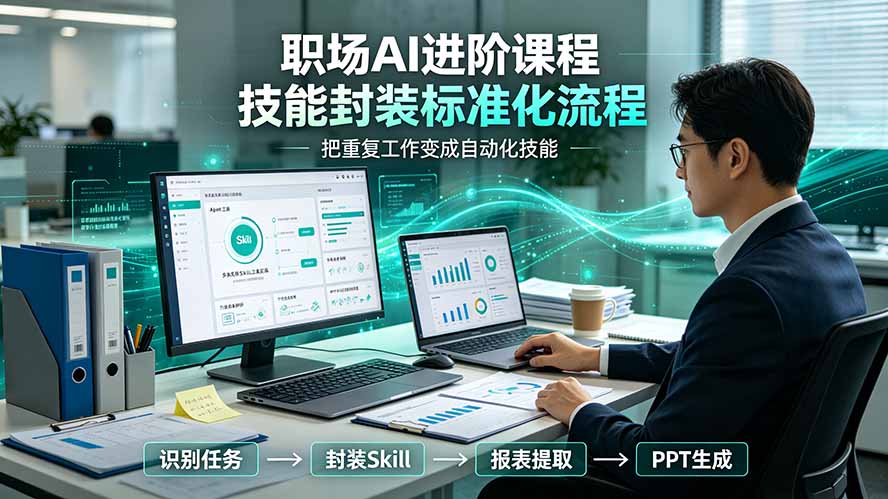 职场AI进阶课程;多类实用Skill工具实操,专属技能封装标准化流程,报表行业报告一键提取核心内容-摇钱树