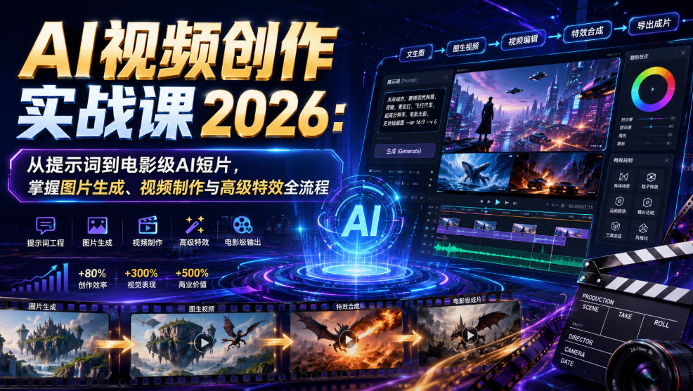 AI视频创作实战课2026:从提示词到电影级AI短片,掌握图片生成、视频制作与高级特效全流程-摇钱树