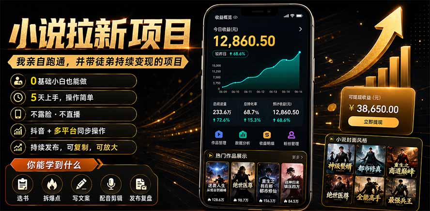 抖音及多平台小说拉新项目:我亲自跑通并持续带徒弟实操|0基础小白5天上手快速变现-摇钱树