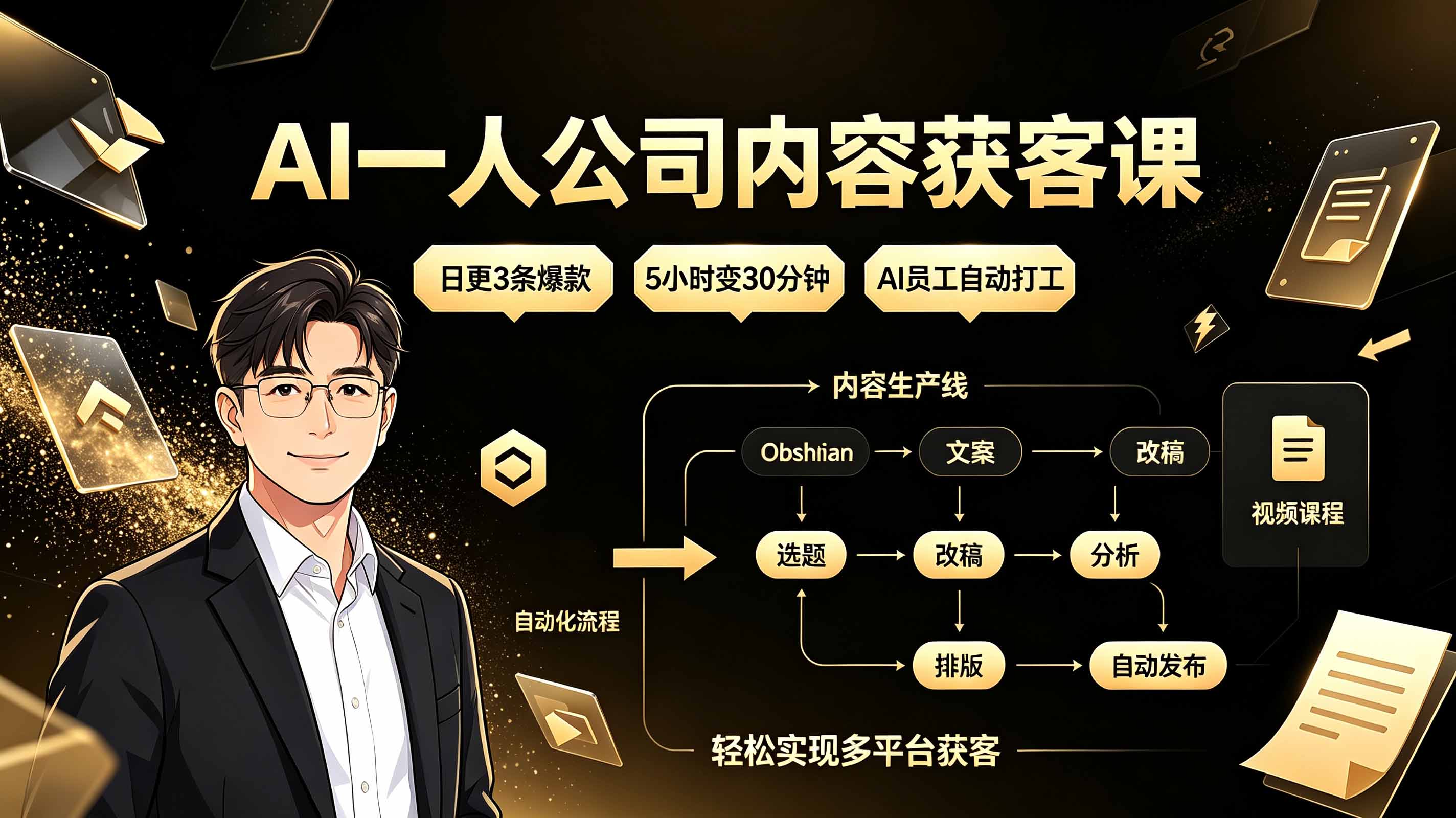 AI一人公司内容获客课:日更3条爆款×5小时变30分钟×AI员工自动打工,轻松实现多平台获客-摇钱树