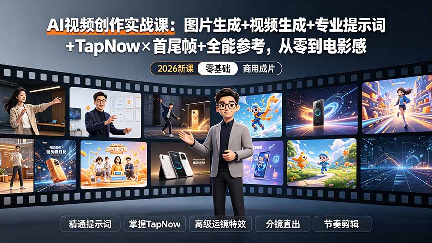 AI视频创作实战课：图片生成+视频生成+专业提示词+TapNow×首尾帧+全能参考，从零到电影感成片-摇钱树