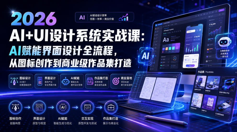 2026 AI+UI设计系统实战课:AI赋能界面设计全流程,从图标创作到商业级作品集打造-摇钱树