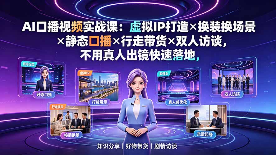 AI口播视频实战课：虚拟IP打造×换装换场景×静态口播×行走带货×双人访谈，不用真人出镜快速落地-摇钱树