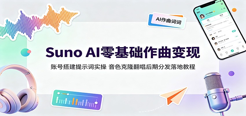 Suno AI零基础作曲变现:账号搭建提示词实操,音色克隆翻唱后期分发落地教程-摇钱树