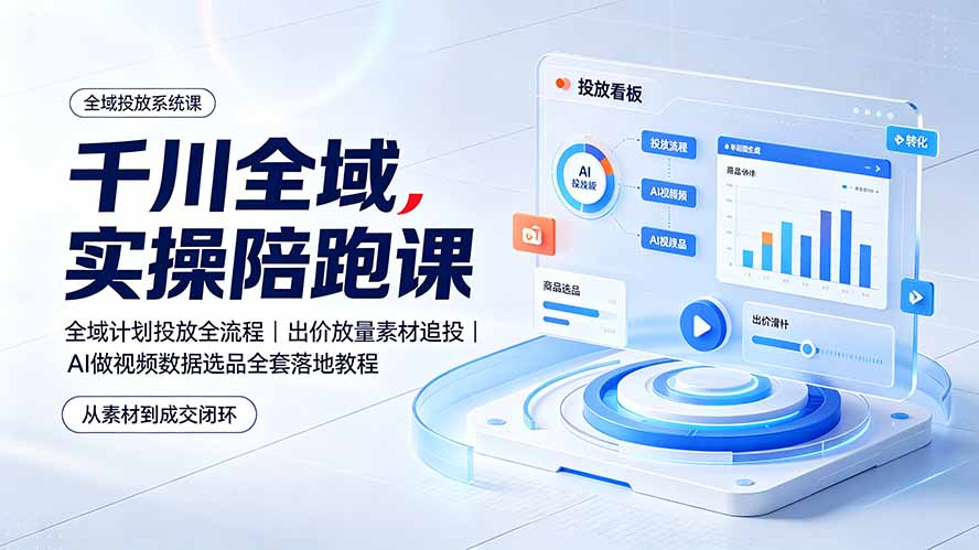 千川全域实操陪跑课:全域计划投放全流程|出价放量素材追投|AI做视频数据选品全套落地教程-摇钱树