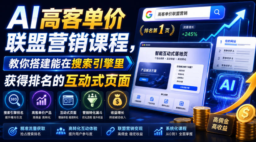 AI高客单价联盟营销课程，教你搭建能在搜索引擎里获得排名的互动式页面，引来流量，把访客转化为高佣金的成交【原创双语字幕】-摇钱树