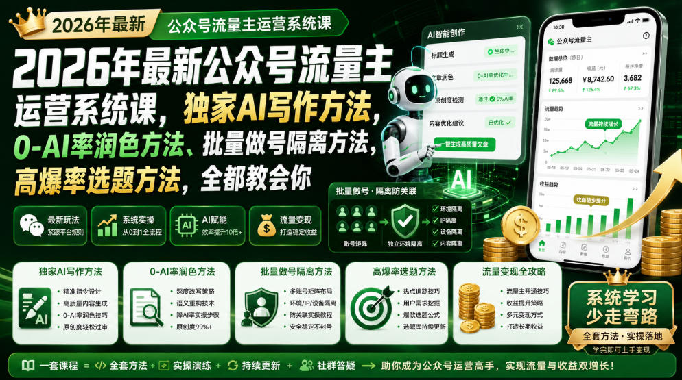 2026年最新公众号流量主运营系统课,独家AI写作方法,0-AI率润色方法、批量做号隔离方法、高爆率选题方法,全都教会你-摇钱树