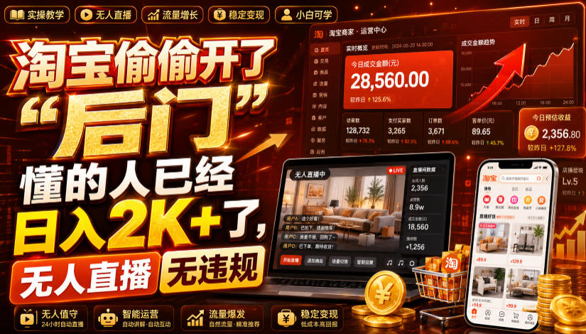 淘宝偷偷开了“后门”,懂的人已经日入2K+了,无人直播无违规,一台电脑=一家24小时营业的线上门店【揭秘】-摇钱树