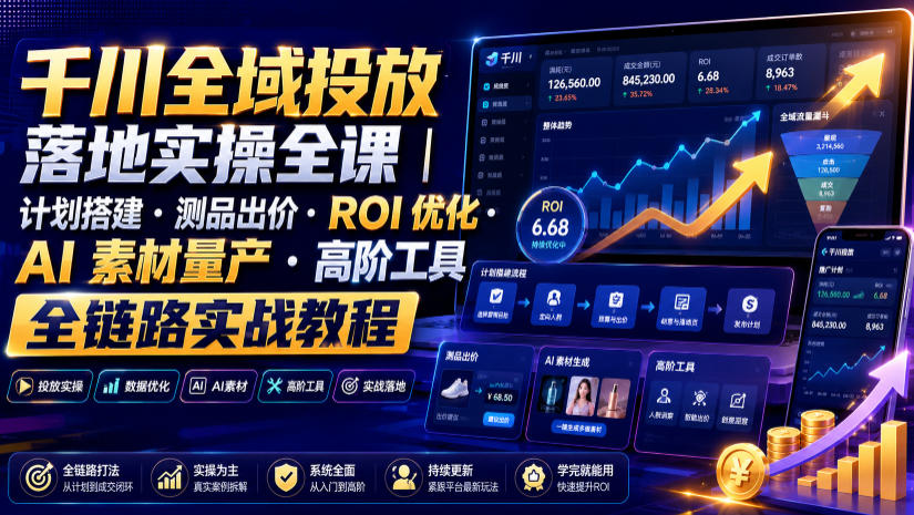 千川全域投放落地实操全课|计划搭建・测品出价・ROI优化・AI素材量产・高阶工具全链路实战教程-摇钱树