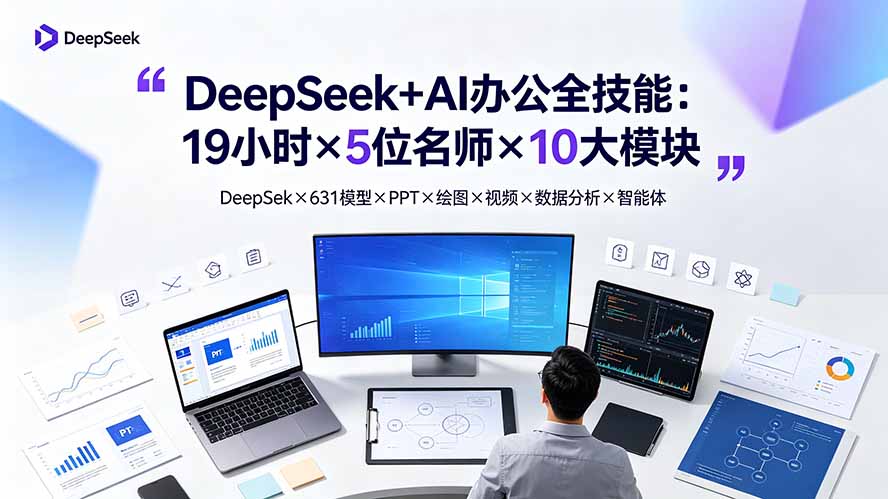 DeepSeek+AI办公全技能:19小时×5位名师×10大模块,DeepSeek×631模型×PPT×绘图×视频×数据分析×智能体-摇钱树