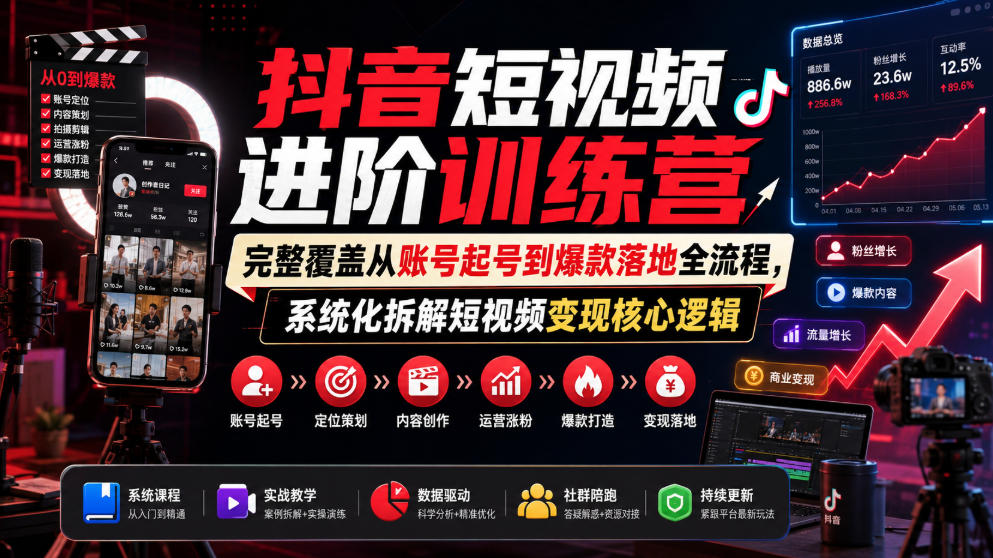 抖音短视频进阶训练营,完整覆盖从账号起号到爆款落地全流程,系统化拆解短视频变现核心逻辑-摇钱树
