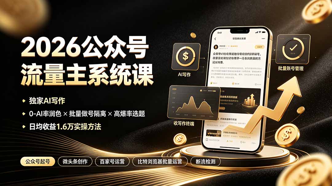 2026公众号流量主系统课:独家AI写作×0-AI率润色×批量做号隔离×高爆率选题,日均收益1.6万实操方法-摇钱树