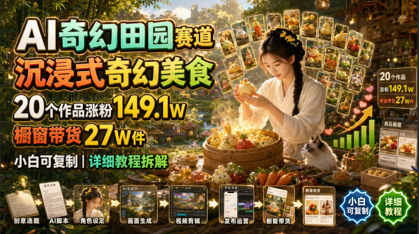 AI奇幻田园赛道，沉浸式奇幻美食，20个作品涨粉149.1W，橱窗带货27W件，小白可复制，详细教程拆解-摇钱树