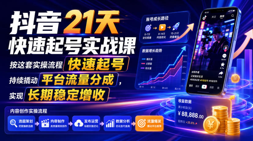 抖音21天快速起号实战课,按这套实操流程快速起号,持续撬动平台流量分成,实现长期稳定增收-摇钱树