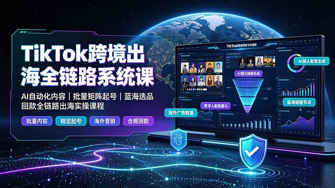TikTok跨境出海全链路系统课-2026年7月:AI自动化内容|批量矩阵起号|蓝海选品回款全链路出海实操课程-摇钱树