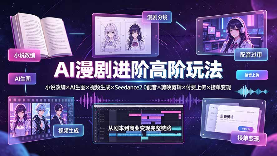 AI漫剧进阶高阶玩法:小说改编×AI生图×视频生成×Seedance2.0配音×剪映剪辑×付费上传×接单变现-摇钱树