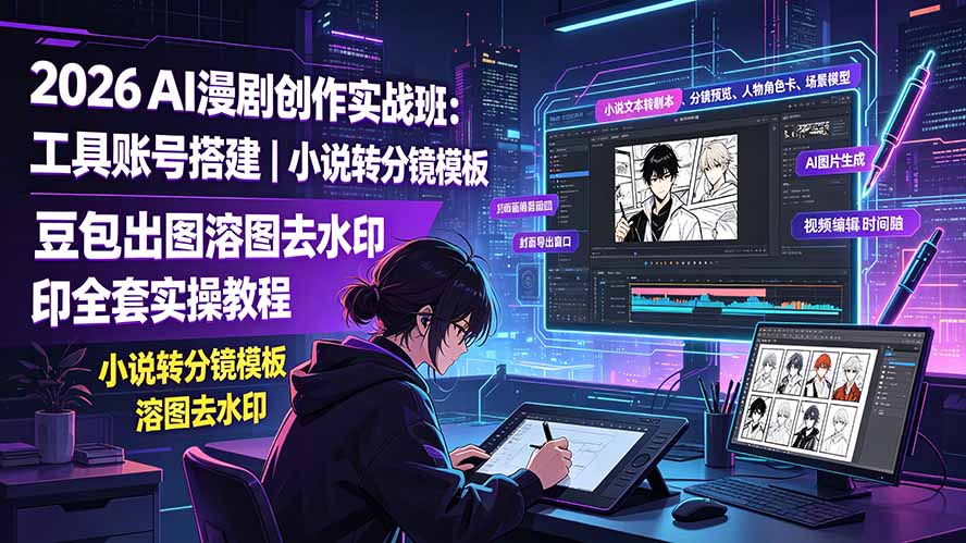 2026AI漫剧创作实战班:工具账号搭建|小说转分镜模板|豆包出图溶图去水印全套实操教程-摇钱树