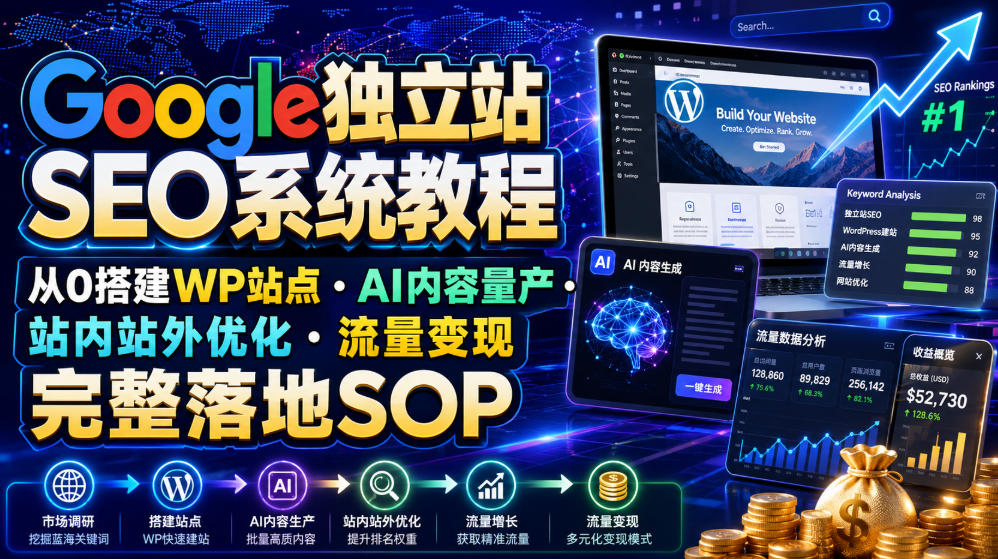 Google独立站SEO系统教程,从0搭建WP站点・AI内容量产・站内站外优化・流量变现完整落地SOP(2026年7月)-盈科项目资源网
