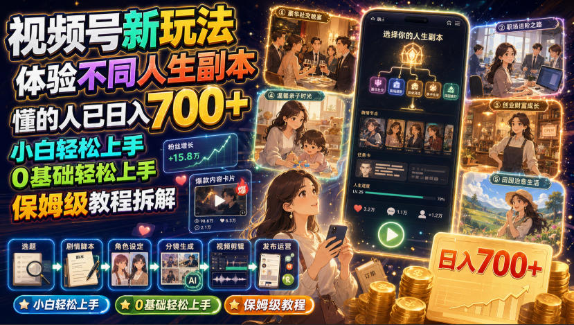视频号新玩法体验不同人生副本,懂的人已日入700+,小白轻松上手,0基础轻松上手,保姆级教程拆解-摇钱树