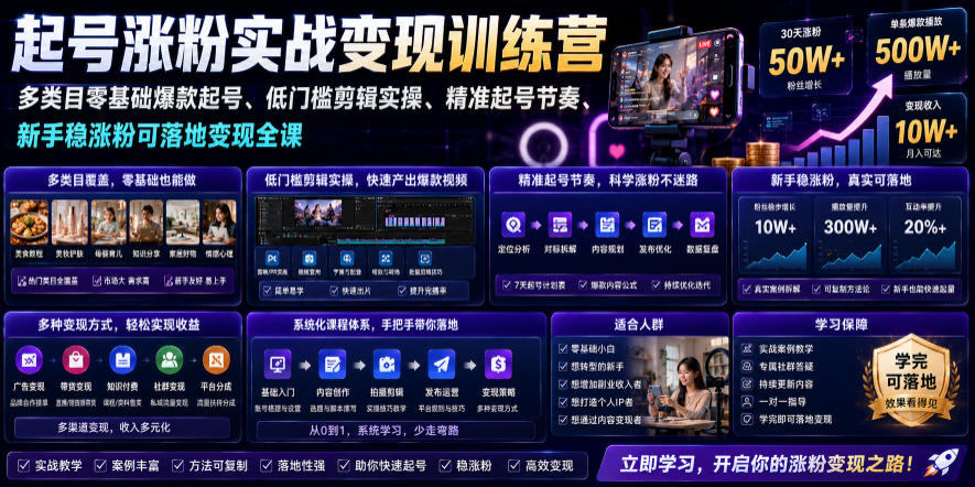 苗子起号涨粉实战变现训练营,多类目零基础爆款起号、精准起号节奏、新手稳涨粉可落地变现全课(更新0719)-摇钱树