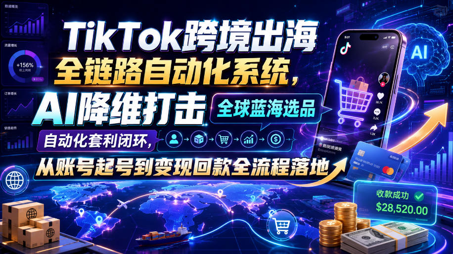 TikTok跨境出海全链路自动化系统,AI降维打击全球蓝海选品自动化套利闭环,从账号起号到变现回款全流程落地(2026年7月)-摇钱树