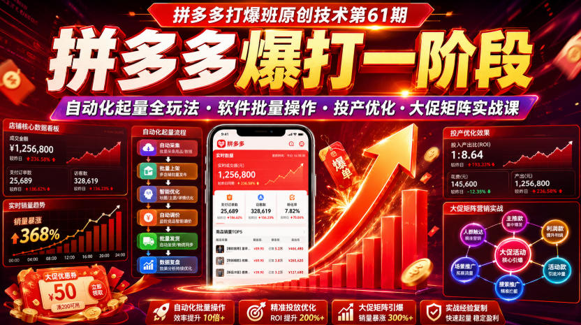 拼多多打爆班原创技术第61期,拼多多爆打一阶段,自动化起量全玩法・软件批量操作・投产优化・大促矩阵实战课-盈科项目资源网
