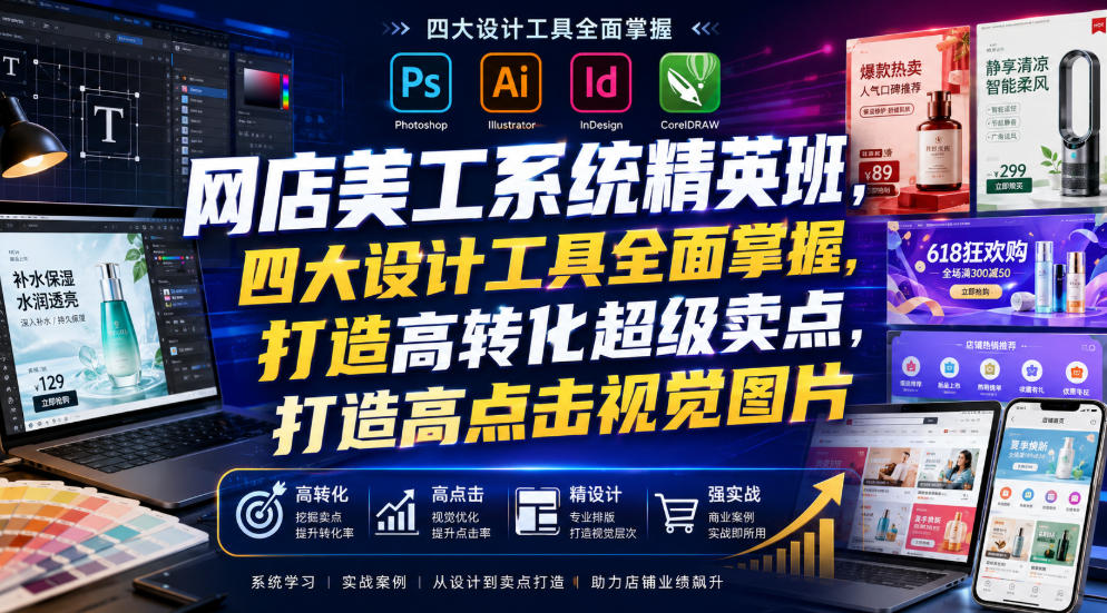 网店美工系统精英班,四大设计工具全面掌握,打造高转化超级卖点,打造高点击视觉图片(2026年7月)-摇钱树