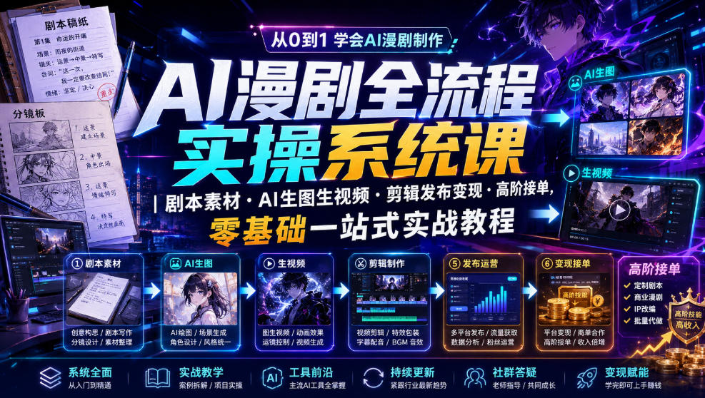 AI漫剧全流程实操系统课|剧本素材・AI生图生视频・剪辑发布变现・高阶接单,零基础一站式实战教程-摇钱树