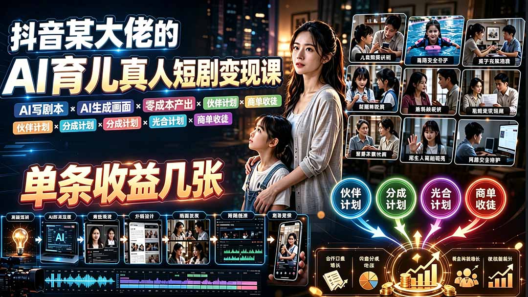AI育儿真人短剧变现课:AI写剧本×AI生成画面×零成本产出×伙伴计划×分成计划×光合计划×商单收徒-摇钱树