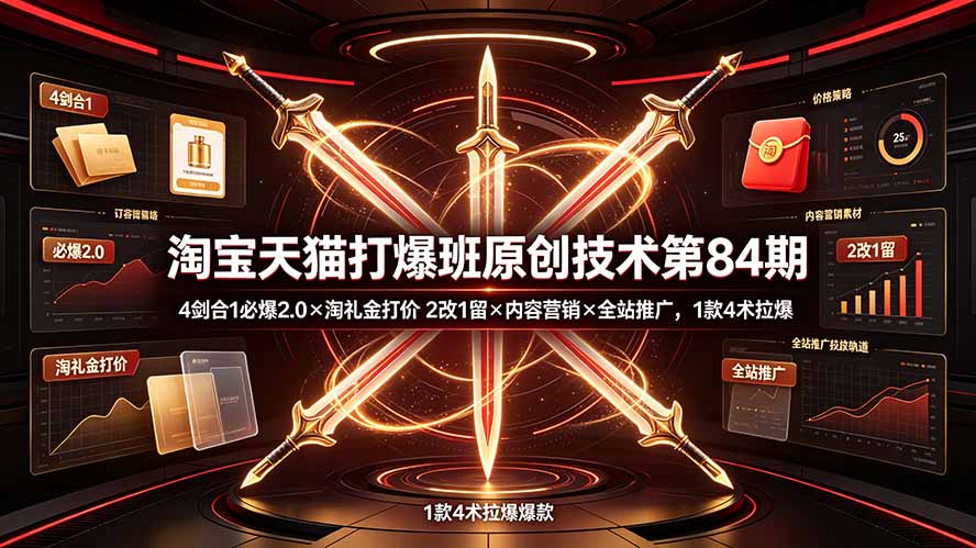 淘宝天猫打爆班原创技术第84期:4剑合1必爆2.0×淘礼金打价×2改1留×内容营销×全站推广,1款4术拉爆-摇钱树