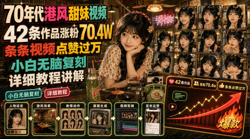 70年代港风甜妹视频,42条作品涨粉70.4W,条条视频点赞过万,小白无脑复刻,详细教程讲解-摇钱树