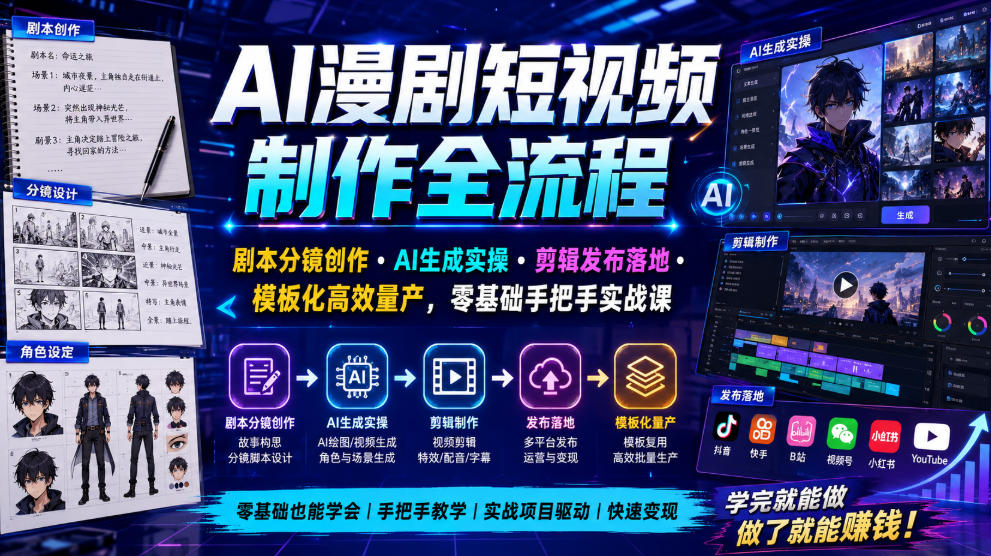AI漫剧短视频制作全流程|剧本分镜创作・AI生成实操・剪辑发布落地・模板化高效量产,零基础手把手实战课-摇钱树