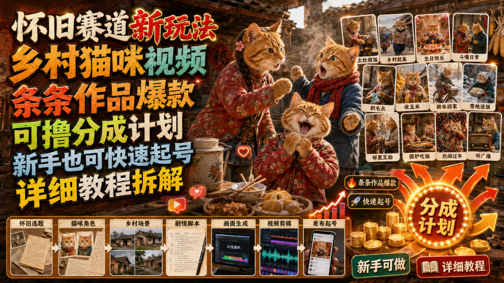 怀旧赛道新玩法,乡村猫咪视频,条条作品爆款,可撸分成计划,新手也可快速起号,详细教程拆解-摇钱树