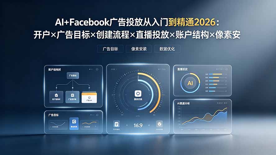 AI+Facebook广告投放从入门到精通2026:开户×广告目标×创建流程×直播投放×账户结构×像素安装×AI赋能-摇钱树