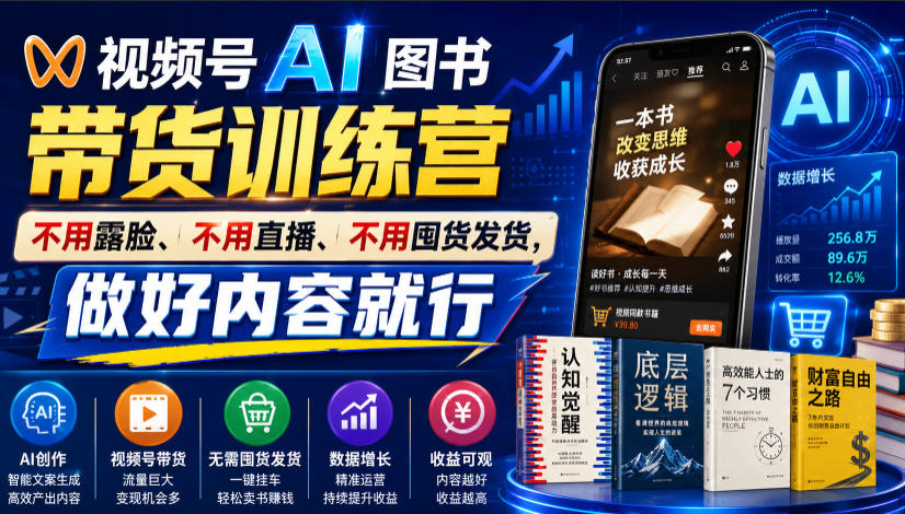 视频号AI图书带货训练营,不用露脸、不用直播、不用囤货发货,做好内容就行,一条爆款视频佣金8942-摇钱树