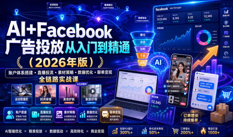 AI+Facebook广告投放从入门到精通(2026年版)|账户体系搭建・直播投流・素材策略・数据优化・聊单变现全链路实战课-摇钱树