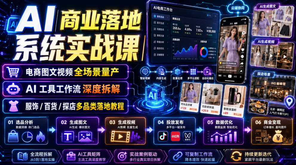 AI商业落地系统实战课|电商图文视频全场景量产・AI工具工作流深度拆解・服饰/百货/探店多品类落地教程-摇钱树