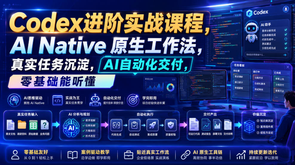 Codex进阶实战课|AI Native原生工作法,22节真实任务落地,从配置到AI自动化交付全链路教程-摇钱树
