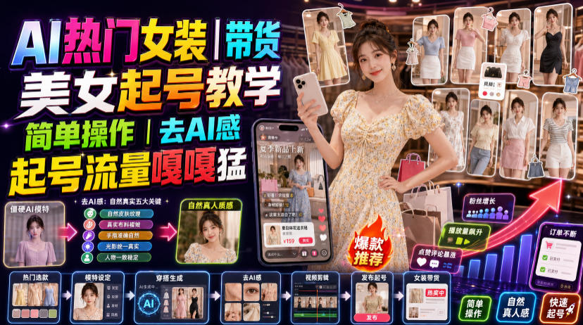 AI热门女装带货丨美女起号教学,简单操作,去AI感,起号流量嘎嘎猛-摇钱树