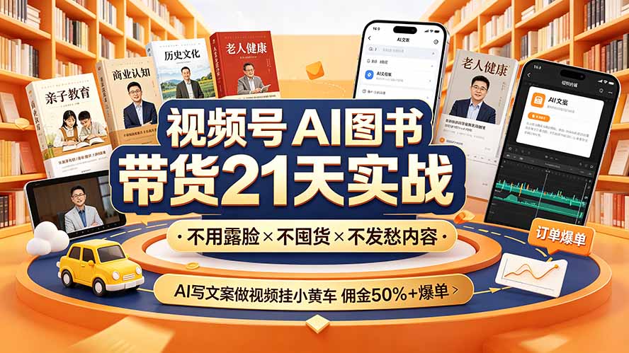 视频号AI图书带货21天实战：不用露脸×不囤货×不发愁内容，AI写文案做视频挂小黄车，佣金50%+爆单-摇钱树