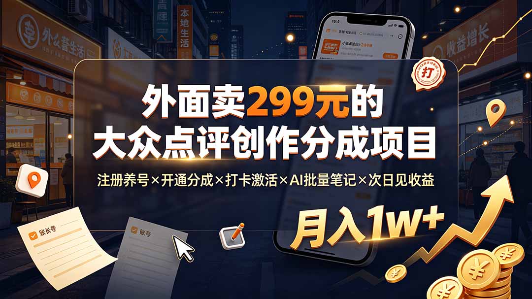 外面卖299元的大众点评创作分成项目:注册养号×开通分成×打卡激活×AI批量笔记×次日见收益,月入1w+-摇钱树
