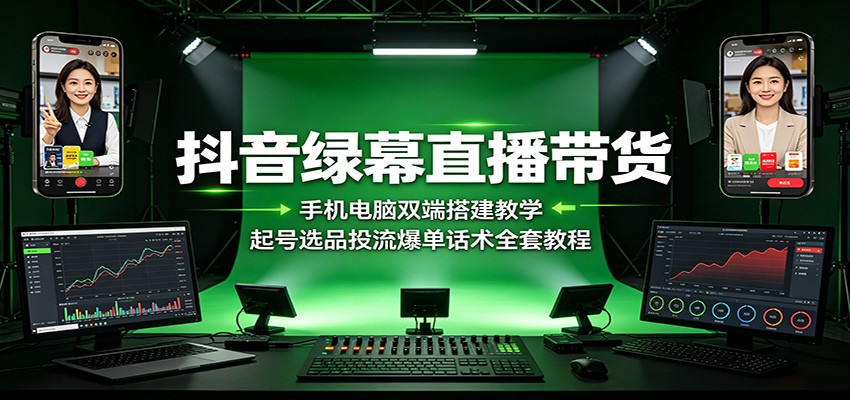 抖音绿幕直播带货:手机电脑双端搭建教学,起号选品投流爆单话术全套教程-摇钱树