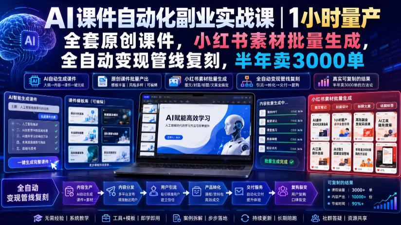 AI课件自动化副业实战课|1小时量产全套原创课件,小红书素材批量生成,全自动变现管线复刻,半年卖3000单-摇钱树