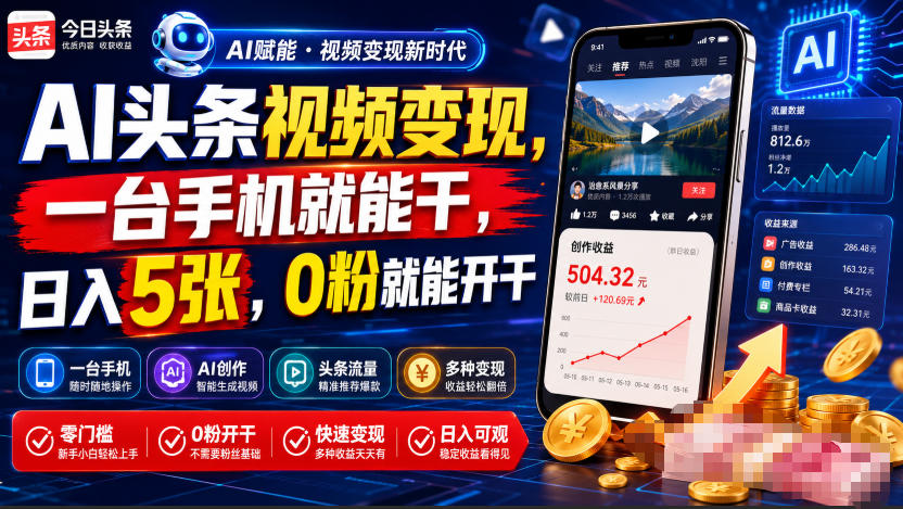AI头条视频变现，一台手机就能干，日入5张，0粉就能开干-摇钱树